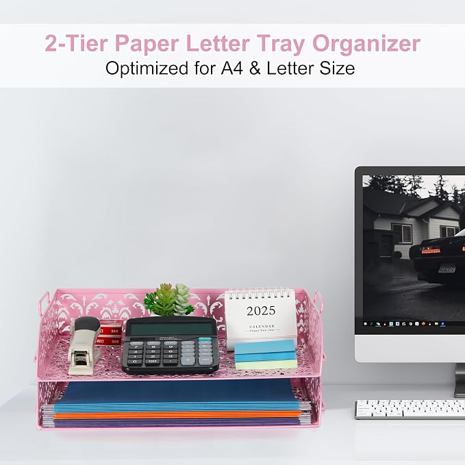 EasyPAG Paper Organizer for Desk 2 Tier Stackable Paper Tray for A4 Legal Size Folders Metal File Storage Desktop Organizer for Home Office School Teacher, Pink