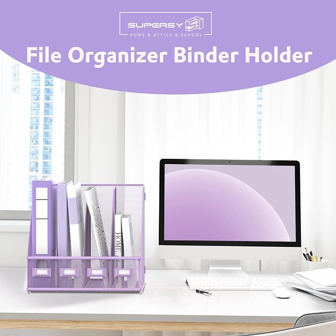 4-Compartment Magazine File Holder and File Organizer for Desk, Purple | Metal Magazine Holder and Magazine File Holder, 4-Compartment File Organizer for Binders Folders Magazines and Paper