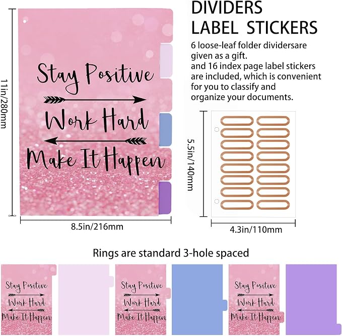 3 Ring Binder 2 Inch Round Ring Binder with 6 Tab Dividers，Cute Clipboard with Storage(Stay Positive)