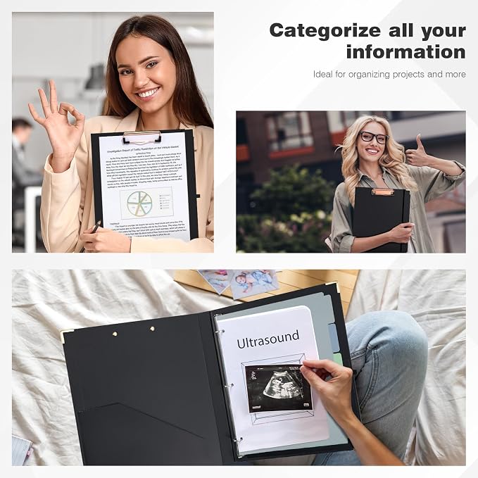 Ospelelf 3 Ring Binder, 1/2 Inch, Cute Letter Size (11" x 8.5") with 5 Tab Dividers, File Folder Labels and Low Profile Clipboards, Black for School and Office