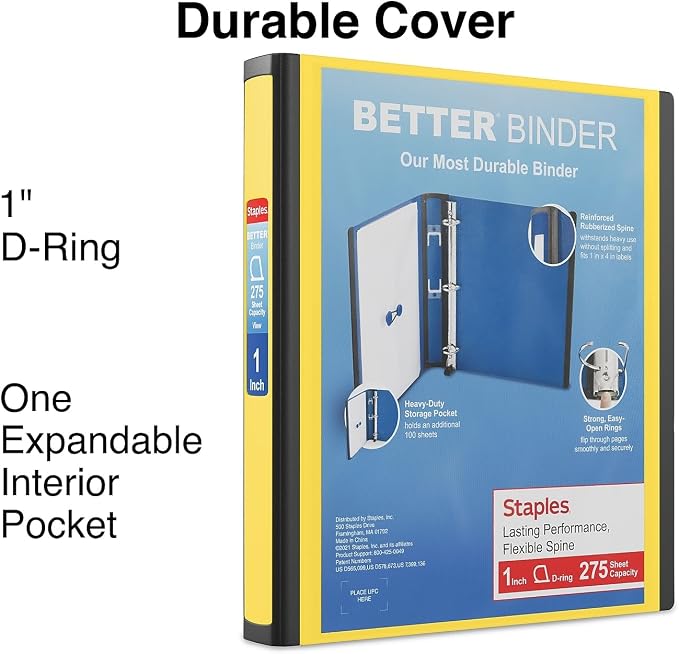 Staples Better View 1-Inch D-Ring Binder, Yellow, Clear Overlay | Durable 3-ring binder for school and office document organization.