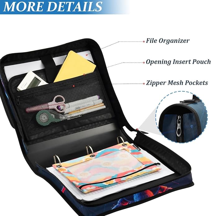 Spider Zipper Binder Bag 3 Ring Binder with Shoulder Strap Zip Up 500 Sheets Capacity Multi Pockets for School Office Supplies
