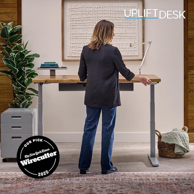 UPLIFTDESK V3 2-Leg Ash Gray Laminate Wood Standing Desk – Adjustable Height, Advanced 1-Touch Memory Keypad, Under Desk Cable Management, Wire Grommets & Rocker Board (Black C-Frame, 48 x 30 inch)
