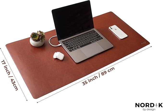 Nordik Leather Desk Mat - Whiskey Brown - Large Leather Desk Pad (35x17 in) | Premium Vegan Leather Desk Pad with Cable Organizer, Giftable, Extended Waterproof Mouse Mat, Non-Slip Desk Pad Protector