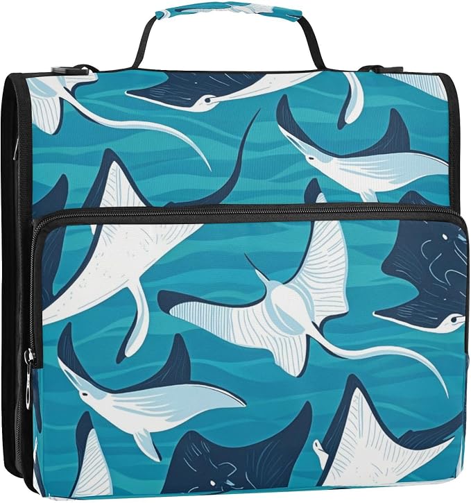 Zipper Binder 3 Ring, 1.5 Inch D-Ring Stingray Fishes File Folder Organizer | Multi-pocket Storage; Expanding Pocket; Secure Travel Document Organizer; Ideal for Commuting, Travel, Office and School