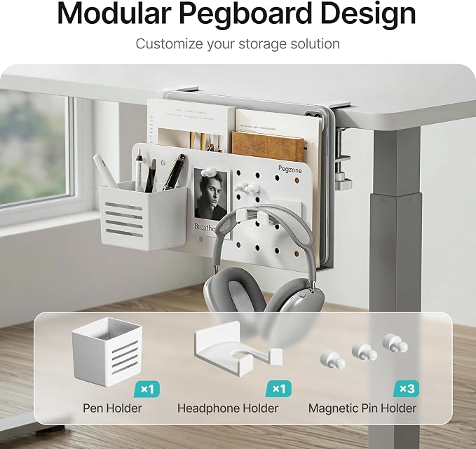 Under Desk Storage Organizer, Laptop Holder for 0.4"-2.2" Desk Edge, White | Holds 22lbs, Clamp on Desk Organizer with Pegboard Design, Fits 0.4"-2.2" Desktop Edge