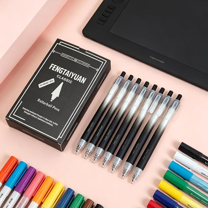 Fengtaiyuan Retractable Gel Pens, 0.5mm Bullet Point Fast Drying Black Ink, Frosted Gradient Triangular Ergonomic Barrel Writing Pens for School Exam Office Note Taking [Pack of 6]