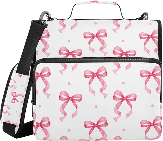 3 D-Ring Zipper Binder Bag, Pink Ribbon Bow Dots Pattern Removable Binder with Zipper Case Hold 300+ Sheets& 13 Inch Laptop for School Office Supplies Organizer