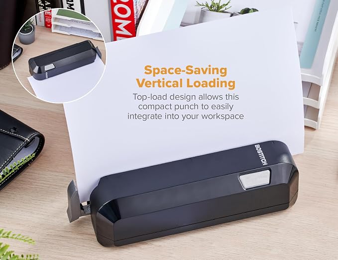 Bostitch Office Electric 3-Hole Punch, Dual Paper Loading, Heavy Duty, Jam-Free 20 Sheet Capacity, AC Adapter or Battery Powered, Space Saving, Black, (EHP20-BLK)