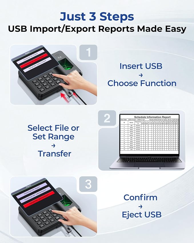 Standalone Time Clock for Employees, Fingerprint/PIN Punch Machine | Employee Attendance Punch Machine with USB Data Export, Works Offline, No WiFi, Software & Monthly Fees