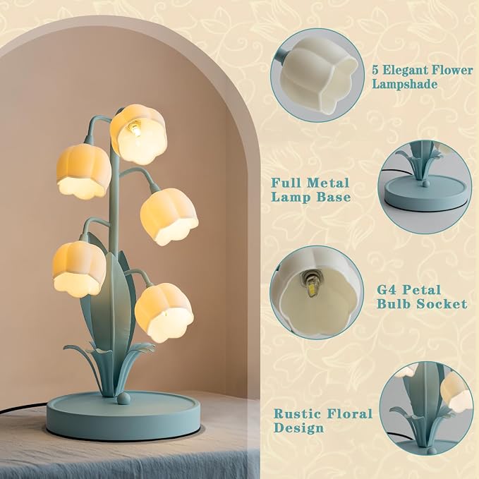 WERFOP Flower Table Lamp, Lily of The Valley Lamp for Bedside Accent 3 Color Modes Cottagecore Soft Reading Night Light for Bedroom, Corner, Dorm, Entrance Home Vintage Decor (Powder Blue)