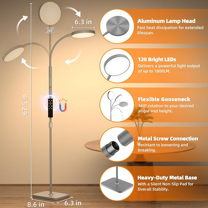 PACOVY Floor Lamp, Adjustable Height Floor Lamps for Living Room Bedroom, 120 LED Super Bright Standing Lamp Remote Control Dimmable Gooseneck Tall Stand Reading Lamp for Office Craft, Matte Gray