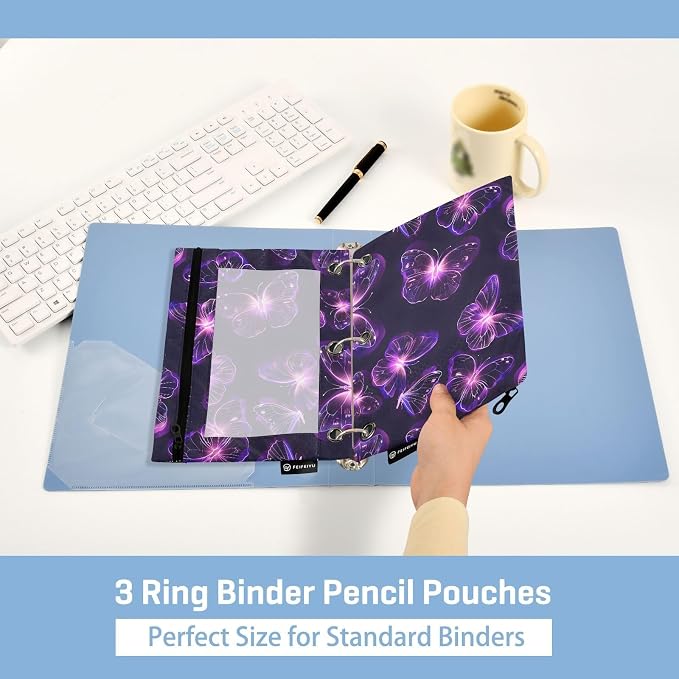Butterflies Purple Neon Pencil Pouch for 3 Ring Binder, 2 Pack Waterproof Pencil Bags Clear Window Pencil Case Zipper School Office Supplies