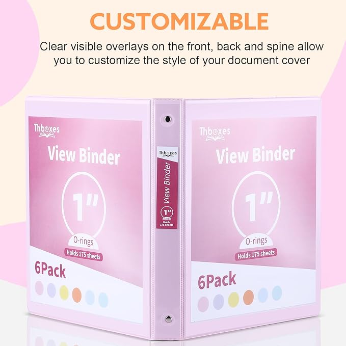 3 Ring Binder - 6 Pack, 1 Inch Binder with 2 Interior Pockets & Clear View Overlay, Large Capacity, Round Ring Binders for Office Supplies, School & Home (6 Colors) | 175 Sheets Paper Capacity, Pastel Binders with 2 Interior Pockets for Office Supplies...