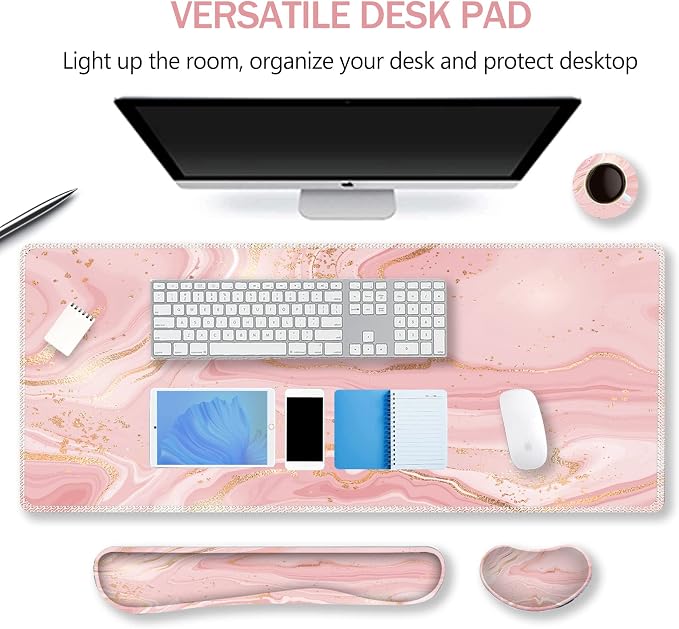Extended Gaming Mouse Pad Set, Keyboard Wrist Rest Support Pad + Wrist Cushion + XXL Large Mouse Pad + Coaster, Stitched Edge, Non-Slip, Memory Foam Desk Mat, Pink Gold Marble