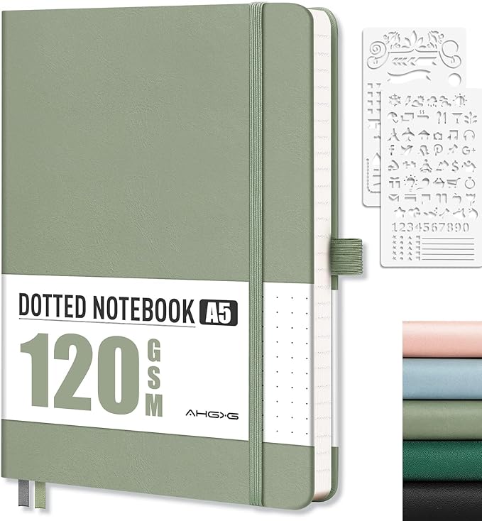 AHGXG Bullet Dotted Journal - Dot Grid Notebook Journal, 120 GSM Thick Acid-Free Paper, A5 Dotted Notebook 160 Pages, Leather Hardcover, Inner Pocket, Journal Stencil, 5.7'' × 8.3'' - Sage Green