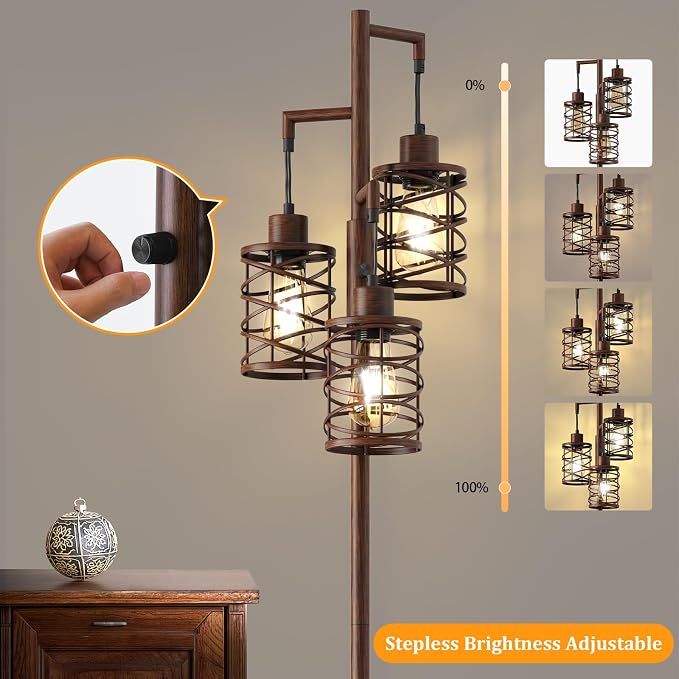 70" Industrial Floor Lamp, Stepless Dimmable Standing Lamp with 3 Bulbs, Farmhouse Corner Standing Tree Lamp for Living Room, Tall Lamps for Bedroom, Office, Study Room, Dining Room