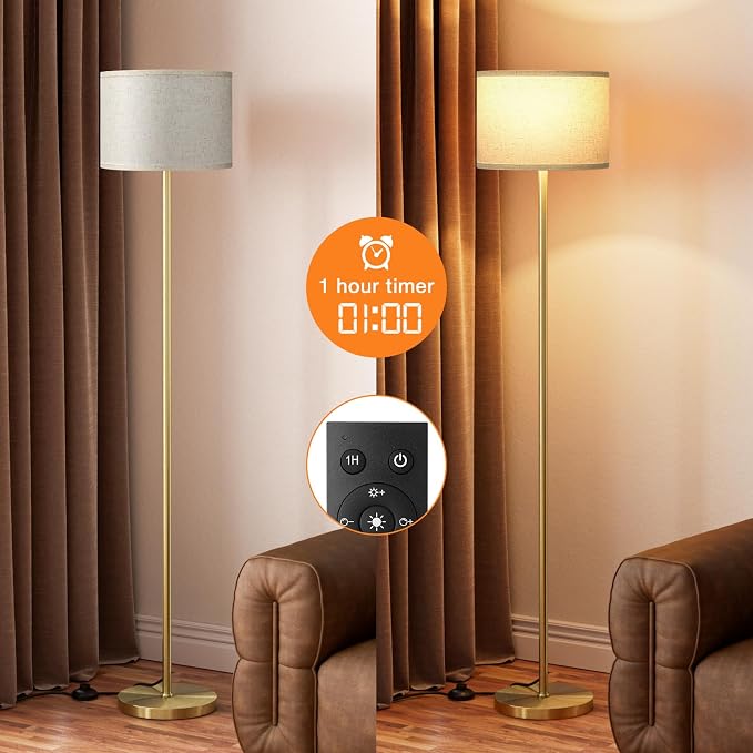 60'' Modern Floor Lamp with Remote, Tall Lamps for Living Room, Bedroom, Office, Dining Room, Beige Shade with Gold Pole(Included Bulb)