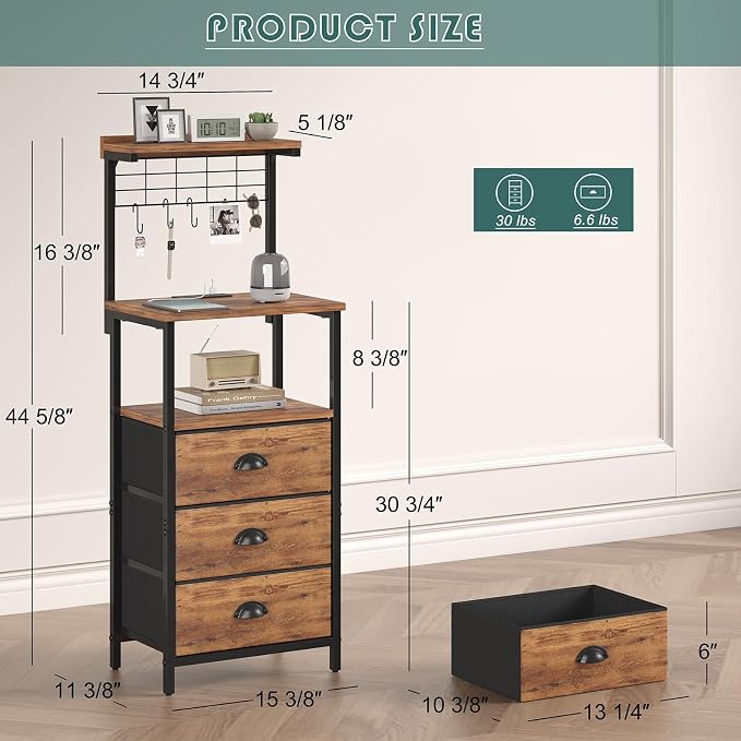 sthmec Tall Nightstands with Charging Station, LED Night Stand Bedsides with 3 Fabric Drawers,Hooks,USB Port and Open Storage Shelves,Tall End Table Bedside Tables for Bedroom,Office, Rustic Brown