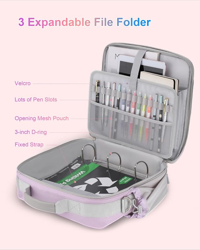 3 Ring Zipper Binder 3 Inch D Rings with Double Water Bottle Holder | Cute Initial Water-Resistant Zip Up Binder for School Office, 700-Sheet Capacity & Shoulder Strap & Laptop Pocket, Purple