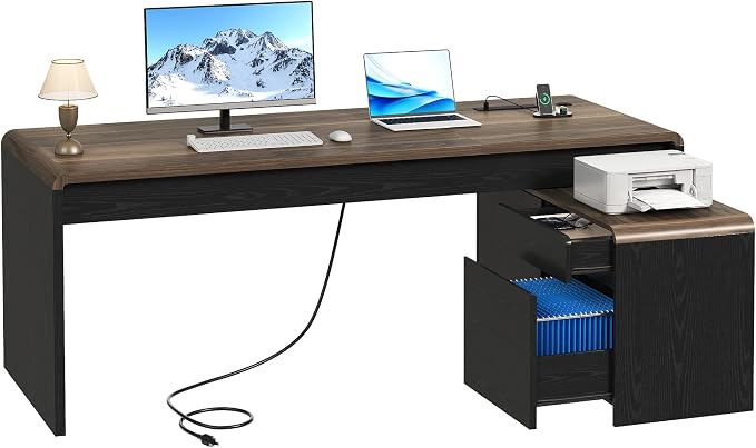 78" L-Shaped Executive Desk with Mobile File Cabinet, Black | Mid-Century L-Desk with Mobile File Cabinet, Drawers & Power Hub (4AC+2USB) Waterfall Edge. Large Workspace for Home Office