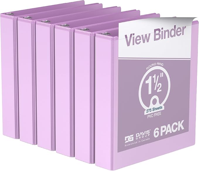 Pack of 6 Premium View Binders, Ring Binders with Clear-View Cover and Interior Pockets, Pastel Color Options, 1.5 Inch, Lavender