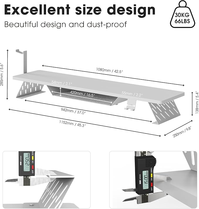 Fenge Dual Monitor Stand, Wooden Desk Shelf with Headphone & Phone Holder | 42.5" Monitor Riser with Storage Shelf, 2-Tier Monitor Shelf with Metal Leg for Home Office Organizer, White