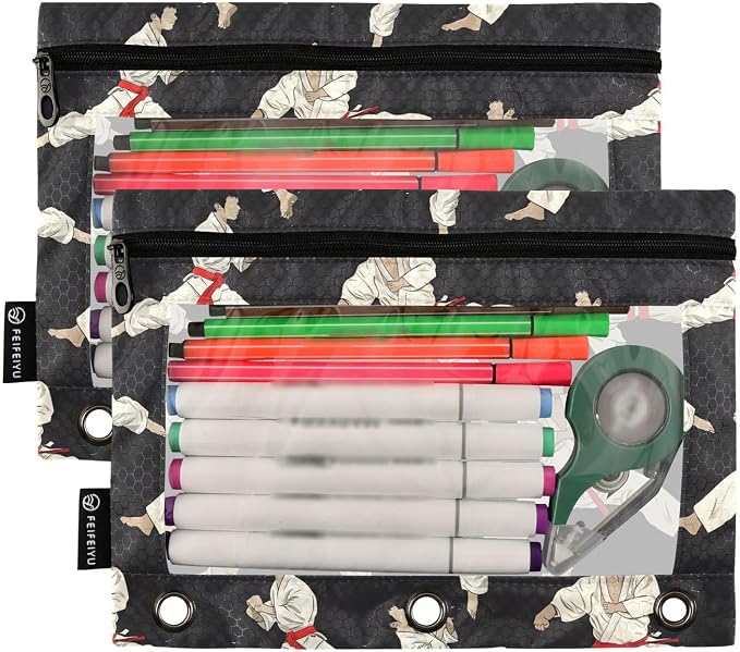 Karate Black Background Pencil Pouch for 3 Ring Binder, 2 Pack Waterproof Pencil Bags Clear Window Pencil Case Zipper School Office Supplies