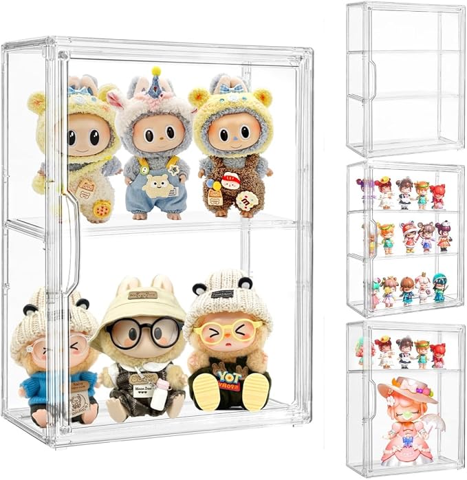 Attelite 4Pack Acrylic Display Cases for Collectibles,Wall-Mounted Desktop | Clear Showcase for Figures, 2 Adjustable Dividers, 3 Layer Acrylic Box, Tool-free Assembly, Magnetic Door, Stackable