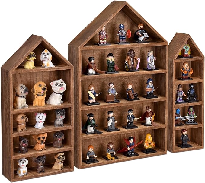 Ikee Design 3-Pc House-Shaped Wooden Shadow Box Shelf, Brown | Set of 3 wood shadow box shelves displays collectibles and accessories in grouped or separate wall arrangements.