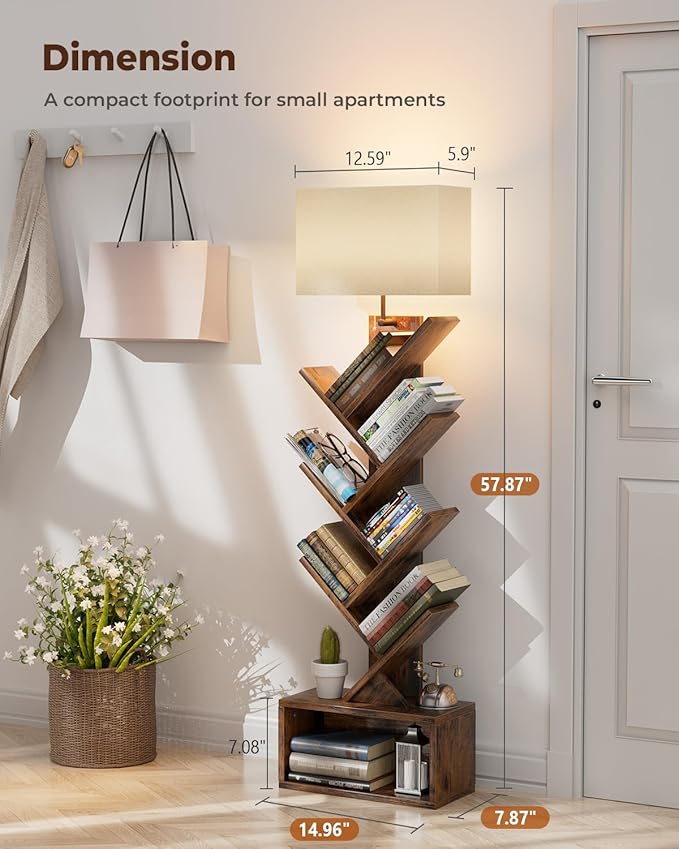 Evermagin 6 Tier Tree Bookshelf with Light, Bookcase, Rustic Brown | Narrow Tower Design, Storage Cabinet for Book Organization, Tall Floor Standing Use, Living Room, Bedroom and Home Office