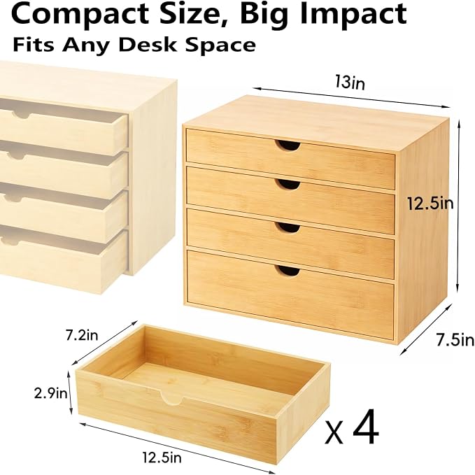 Neando Bamboo Desk Organizer with Drawers, 4-Tier Wooden Desk Organizer, Small Desktop Storage for Office Supplies, Makeup, Accessories, Space-Saving Organizer for Desk, Vanity & Home
