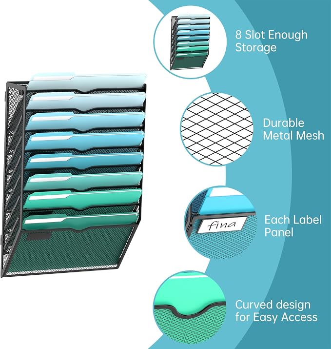 8-Tier Wall File Organizer, Hanging File Holder, Wall Mounted Mail Sorter | Metal Mesh Hanging File Organizer with Open Compartments and Label Panels for Papers and Folders at Home, Office or School