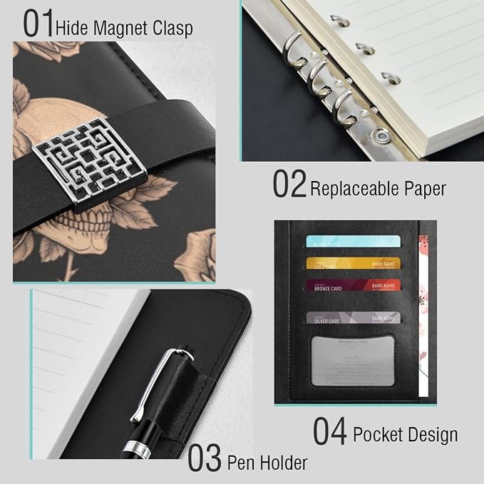 DIGTIA Skull Rose Floral Halloween PU Leather Notebook A5 Binder 6 Ring Refillable Journal with Magnetic Buckle Closure Loose Leaf Travel Office Planner Budget Binder Notepad Portfolio