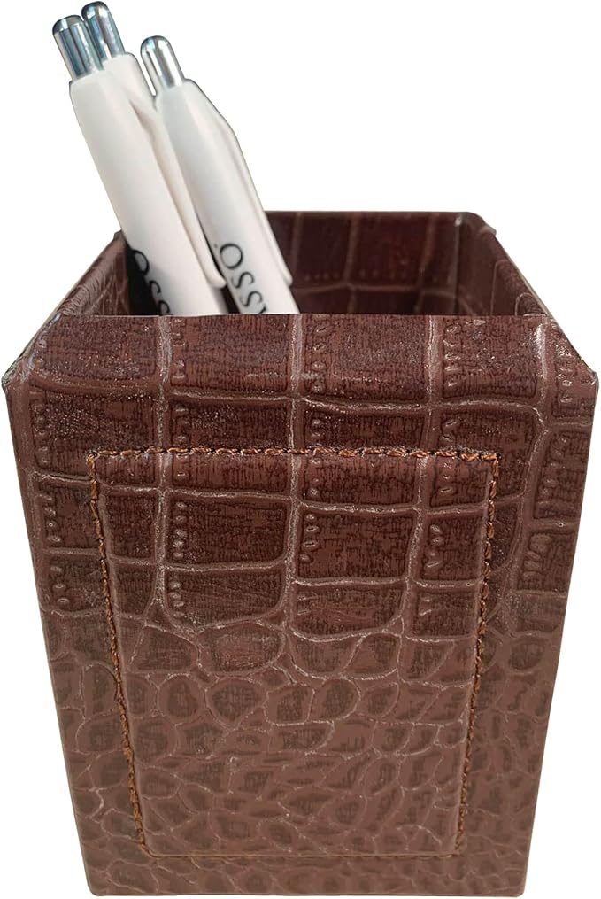 Dacasso Brown Crocodile Embossed Leather Pencil Cup