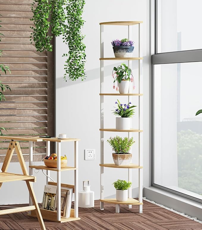 Corner Shelf, 6-Tier Corner Bookshelf, Industrial Corner Ladder Shelf, DIY Storage Shelves, Rustic Display Shelf for Living Room, Bedroom, Kitchen, Home Office, White and Nature Wood Color UJSJ004Q