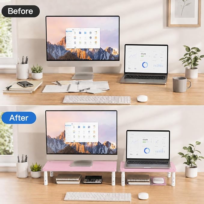 Adjustable Monitor Stand Riser for Desk, Wood Computer & Laptop Stand, Desk Organizers and Accessories, Office Desk Accessories & Workspace Organizer for Home Office Supplies, Pink