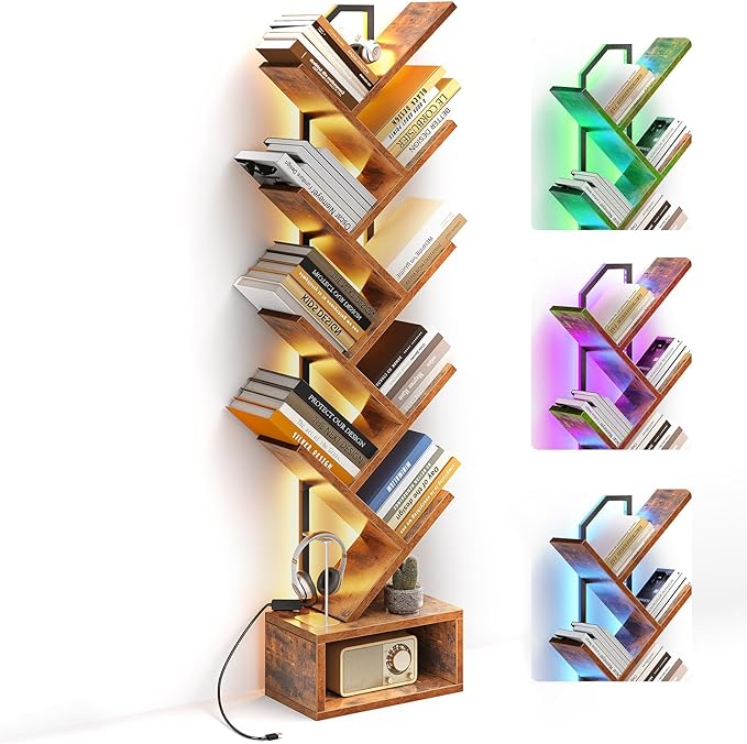 Casaottima Tree Bookshelf with LED Lights, 8-Tier Small Bookshelf, Vintage | Narrow Bookcase for Small Spaces, Steel & Wood Storage Shelf with Cabinet, Home Organizer for Living Room, Bedroom, Office