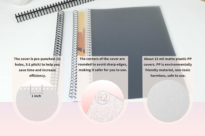 RAYSON Pre-Punched Binding Covers, 8.5" x 11", Frosted Plastic, 32 Round Holes for 3:1 Wire Binding, Letter Size, 10 mil Thick, Pack of 50