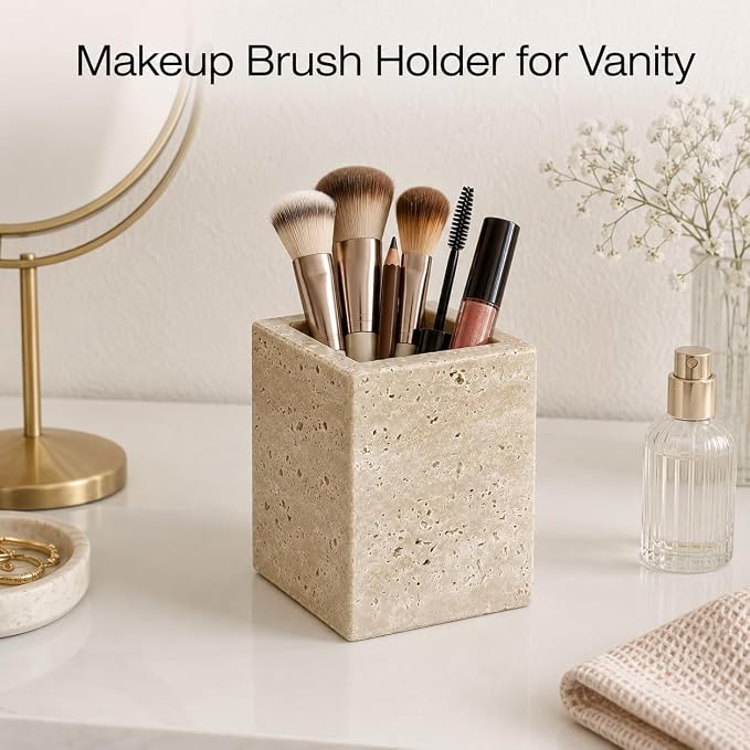 Natural Travertine Desk Organizer Pen Holder | Single Compartment Pencil Cup for Pens, Makeup Brushes, 3.15 x 3.15 x 3.94 in