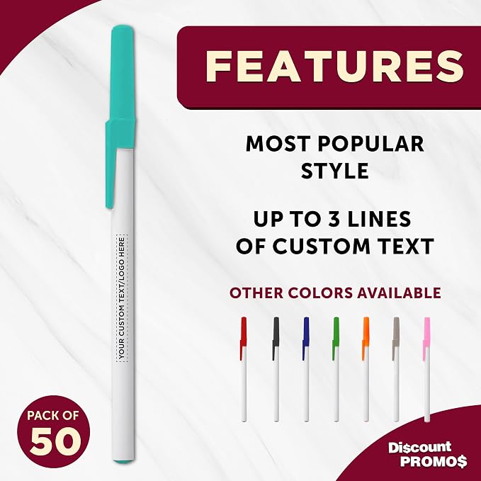 DISCOUNT PROMOS Custom Value Stick Pens Set of 50, Personalized Bulk Pack - Black Ink, Great for Office, School, Business, Tradeshows, Events - Teal