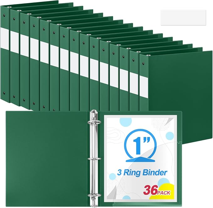 Henoyso 36 Pack 1 Inch 3 Ring Plastic Binders, Bulk Flexible PP Binders for Classroom & School Supplies, Letter Size 8.5 x 11, Holds 240 Sheets with Interior Pocket (Dark Green)