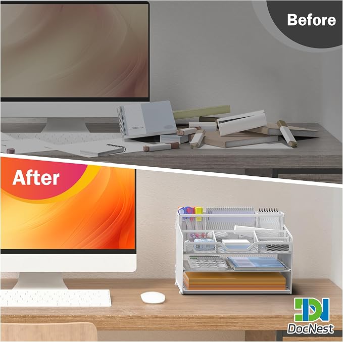 Docnest 3 Tier Mesh Desk Organizer with Letter Tray & Paper Sorter, White | Features 3 built-in pen holders & 5 adjustable compartments on top. Includes 4 non-slip rubber feet for desk protection