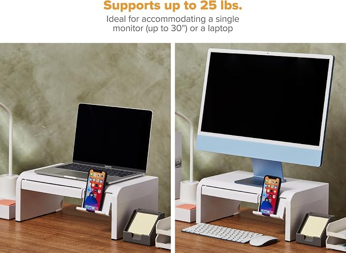 Bostitch Konnect Adjustable Monitor Riser with Drawer & Cell Phone Holder, Laptop Stand for Desk, 4 Height Levels, Cable Management & Rubber Feet