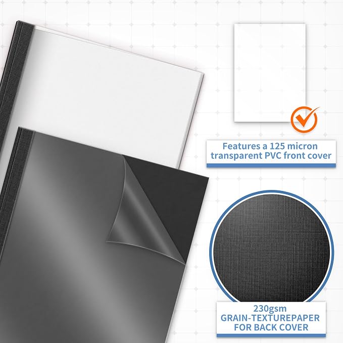 RAYSON Thermal Binding Covers, Letter Size Black Binding Presentation Cover, Mixed Spines Size 1/16in, 1/8in, 3/16in, 1/4in, 1/2in Multi-Pack of 25