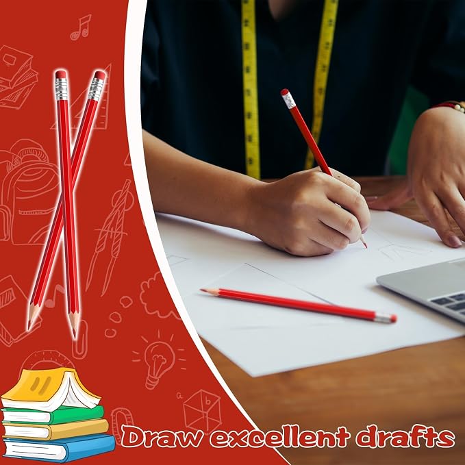 24PCS Erasable Colored Pencils with Eraser Pre Sharpened Pencil 2 HB - Ideal for Checking, Grading, Tests & Office/School Supplies (Red)