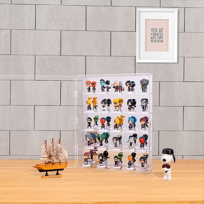 AITEE 5 Tiers Acrylic Display Case with Mirrored Back on Wall or Desktop | 15.7"Lx3.4"Wx20"H, 5 tiers with mirrored back, wall mount or desktop, showcases mini figures toys stones rocks