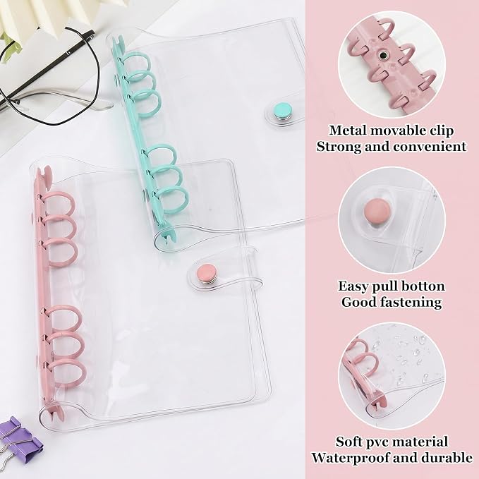 A5 Binder 6 Ring, Clear PVC Notebook Cover, Refillable Planner | Loose Leaf Budget Binder with Snap Button Closure, Round Ring Binder for School Office Home, 2 Pack, Blue and Pink