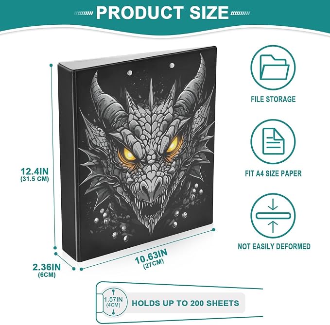 JIPONI 3 Ring Binder Dragon Head Silver 1 Inch Round Binders for Men Women Students, Cute File Organizer for Office Home School