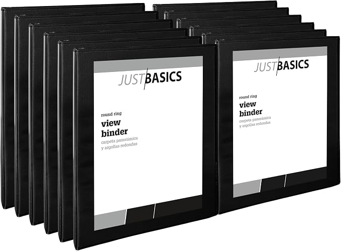 Just Basics Round-Ring View Binder, 1/2" Rings, 61% Recycled, Black, Pack of 12 Binders